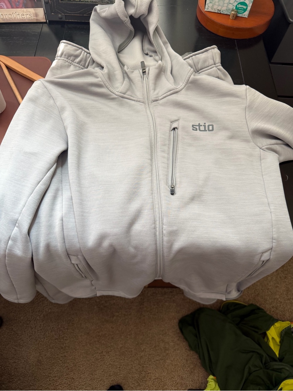 Stio Glide Power Heather Light Gray Full zip hoodie and matching pants. Both M